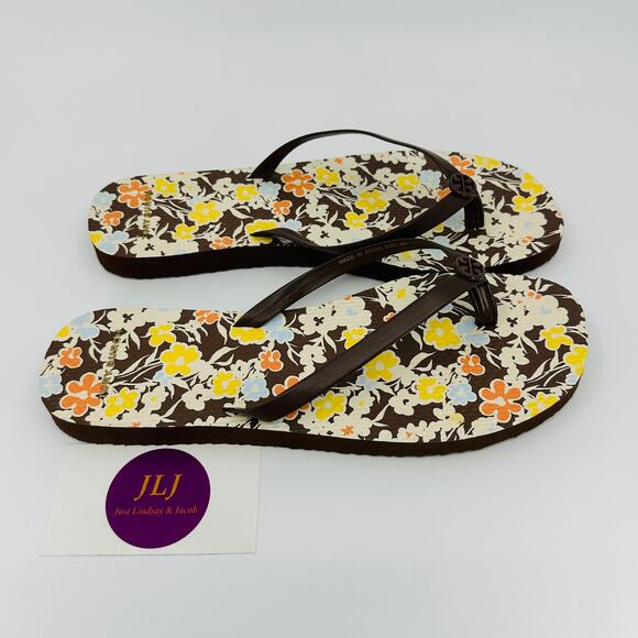 Tory Burch Women's Soho Reverie Walnut Brown Floral Flat Flip Flops 81071 Size 8 - Picture 3 of 14